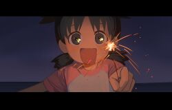 Rule 34 | 1girl, :d, fireworks, green eyes, green hair, highres, holding, koiwai yotsuba, letterboxed, looking at viewer, night, open mouth, outdoors, quad tails, raglan sleeves, seveneightdu, shirt, short hair, short sleeves, smile, solo, sparkler, t-shirt, upper body, yotsubato!
