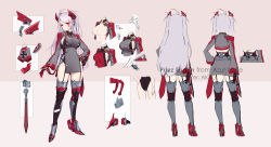 Rule 34 | 1girl, ahoge, armored boots, ass, azumi akitake, azur lane, back, black gloves, black leotard, black thighhighs, boots, breasts, buttons, character name, closed mouth, commentary, concept art, copyright name, cross, double-breasted, english text, expressionless, from behind, full body, garter straps, gloves, grey shirt, groin, hand on own hip, headpiece, highleg, highleg leotard, iron cross, leotard, leotard under clothes, long hair, looking at viewer, medium breasts, mole, mole on breast, multicolored hair, multiple views, no nipples, parted bangs, pelvic curtain, pink background, prinz eugen (azur lane), red eyes, red footwear, red hair, red shirt, shirt, sideless outfit, silver hair, simple background, standing, streaked hair, thigh boots, thighhighs, thighs, two-tone hair, two side up