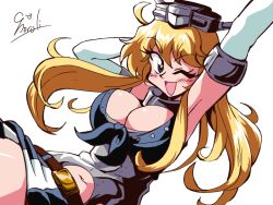 Rule 34 | 1990s (style), 1girl, belt, blonde hair, blue eyes, blush, breasts, bursting breasts, choroli (chorolin), cleavage, elbow gloves, front-tie top, gloves, iowa (kancolle), kantai collection, large breasts, long hair, looking at viewer, miniskirt, navel, one eye closed, open mouth, parody, retro artstyle, signature, skirt, smile, solo, star-shaped pupils, star (symbol), striped, style parody, symbol-shaped pupils, vertical stripes, white background