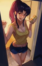 Rule 34 | 1girl, alcohol, arm support, armpits, bare arms, beer, blue shorts, blush, breasts, can, cleavage, collarbone, cutoffs, denim, denim shorts, doorway, drink, highres, holding, holding drink, katsuragi misato, leg up, long hair, looking at viewer, medium breasts, midriff, nasubin (nasubisamurai15), navel, neon genesis evangelion, open fly, open mouth, parted bangs, ponytail, purple eyes, purple hair, short shorts, shorts, sidelocks, smile, solo, standing, standing on one leg, strap slip, tank top, thighs, tile floor, tiles, wooden floor, yellow tank top