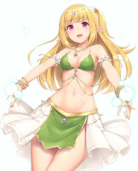 Rule 34 | 1girl, :d, arm garter, bare shoulders, blonde hair, bracelet, breasts, cleavage, collarbone, commentary request, cowboy shot, elf, gold trim, jewelry, long hair, looking at viewer, medium breasts, navel, necklace, open mouth, original, outstretched arms, pelvic curtain, pink eyes, pointy ears, sasaame, side ponytail, simple background, skirt, smile, solo, spread arms, stomach, white background