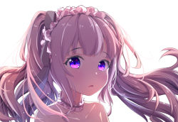 Rule 34 | 1girl, bare shoulders, blush, choker, close-up, collarbone, commentary request, floating hair, hikotou (sao73cat), idolmaster, idolmaster shiny colors, long hair, looking at viewer, parted lips, purple eyes, purple hair, simple background, solo, star (symbol), star in eye, symbol in eye, twintails, white background, yukoku kiriko