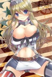 Rule 34 | 10s, 1girl, american flag, artist name, asagiri lira, asymmetrical legwear, bare shoulders, belt, black panties, black ribbon, black shirt, blonde hair, blue eyes, blush, breast hold, breasts, buttons, closed mouth, collar, collarbone, copyright name, corset, elbow gloves, flag background, front-tie top, garter straps, gloves, grey hat, hair between eyes, highres, invisible chair, iowa (kancolle), kantai collection, large breasts, looking at viewer, miniskirt, mismatched legwear, navel, nipple slip, nipples, panties, pink lips, ribbon, shirt, sitting, skirt, solo, spread legs, stomach, striped clothes, striped thighhighs, tareme, thighhighs, unbuttoned, unbuttoned shirt, underwear, upskirt, vertical-striped clothes, vertical-striped thighhighs, white gloves, wrist cuffs