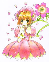 Rule 34 | 1990s (style), 1girl, bad id, bad pixiv id, blush, cardcaptor sakura, child, colored pencil (medium), dress, female focus, flower, green eyes, hair flower, hair ornament, hat, highres, kinomoto sakura, petals, pink hat, retro artstyle, sakura (ayanos0516), short hair, solo, traditional media