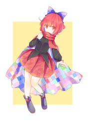 Rule 34 | 1girl, absurdres, boots, cape, emico, floral print, full body, hair ribbon, highres, long sleeves, looking at viewer, red eyes, red hair, ribbon, sekibanki, shirt, short hair, simple background, skirt, solo, touhou, yellow background