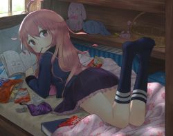 Rule 34 | 10s, 1girl, antenna hair, bad id, bad twitter id, bag, basket, blanket, blouse, blue socks, blush, book, bookshelf, brand name imitation, chips (food), cleazul, comic, eating, floral print, food, frilled skirt, frills, from behind, indoors, kantai collection, kneehighs, legs up, long hair, looking at viewer, looking back, lying, manga (object), md5 mismatch, mouth hold, no shoes, on bed, on stomach, open book, pillow, pink eyes, pink hair, pocky, potato chips, purple skirt, reading, resized, shirt, skirt, socks, solo, stuffed animal, stuffed rabbit, stuffed toy, uzuki (kancolle), window