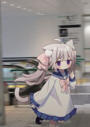 Rule 34 | 1girl, :&lt;, animal ear fluff, animal ears, black footwear, blue sailor collar, blurry, blurry background, blush, bow, cat ears, cat girl, cat tail, closed mouth, commentary request, dress, escalator, frilled dress, frills, grey hair, grey socks, hair ribbon, hand up, highres, long hair, long sleeves, motion blur, nakkar, original, photo background, pink bow, pink ribbon, puffy long sleeves, puffy sleeves, purple eyes, ribbon, running, sailor collar, sailor dress, shoes, sleeves past wrists, socks, solo, tail, twintails, twitter username, watermark, white dress