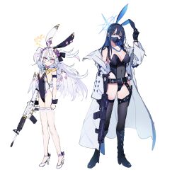 Rule 34 | 2girls, animal ears, assault rifle, azusa (blue archive), black mask, blue archive, boots, breasts, buckle, coat, crossed bangs, flat chest, flower, gun, hair flower, hair ornament, halo, high heel boots, high heels, highres, jacket, large breasts, leotard, long hair, low wings, m4 carbine, mameojitan, mask, mouth mask, multiple girls, neckerchief, open clothes, open jacket, playboy bunny, purple flower, rabbit ears, rifle, saori (blue archive), sig 516, sig sauer, snap-fit buckle, thighhighs, weapon, white background, white coat, white hair, white wings, wing ornament, wings, yellow neckerchief