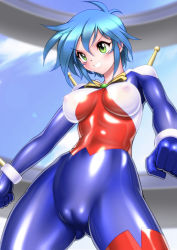 Rule 34 | 1girl, :d, allenby beardsley, blue bodysuit, blue hair, blush, bodysuit, bow, breasts, cameltoe, cleft of venus, cloud, cockpit, covered erect nipples, day, from below, g gundam, green eyes, grin, gundam, large breasts, lips, mobile trace suit, multicolored clothes, open mouth, sakura ryuuken, shiny clothes, short hair, skin tight, sky, smile, solo