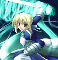 Rule 34 | 00s, 1girl, ahoge, armor, armored boots, armored dress, artoria pendragon (fate), blonde hair, blue dress, boots, dress, fate/stay night, fate (series), gauntlets, green eyes, juliet sleeves, jun (aoerm), long sleeves, looking at viewer, outstretched arms, puffy long sleeves, puffy sleeves, saber (fate), short hair, solo, tareme
