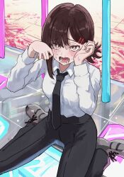 Rule 34 | 1girl, black necktie, black pants, brown eyes, brown hair, chainsaw man, collared shirt, commentary request, crying, dance dance revolution, formal, hair ornament, hairclip, higashiyama kobeni, highres, looking at viewer, mole, mole under mouth, necktie, office lady, pants, ryoha kosako, seiza, shirt, short ponytail, single sidelock, sitting, snot, solo, white shirt