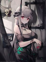 Rule 34 | 1girl, arknights, black choker, black nails, blush, breasts, choker, cleavage, collarbone, cup, drinking glass, female focus, grey hair, hair intakes, highres, holding, holding cup, horns, kitere, large breasts, long hair, mudrock (arknights), mudrock (obsidian) (arknights), nail polish, official alternate costume, pointy ears, red eyes, shadow, short sleeves, sidelocks, skull, solo, upper body, very long hair