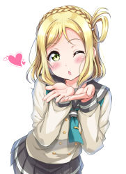 Rule 34 | 10s, 1girl, ;o, blonde hair, blowing kiss, blush, braid, buttons, crown braid, cupping hands, double-breasted, green eyes, hair rings, hair tie, harunabe (refresh star), heart, leaning forward, long sleeves, looking at viewer, love live!, love live! sunshine!!, neckerchief, ohara mari, one eye closed, own hands together, pleated skirt, school uniform, serafuku, simple background, skirt, solo, tie clip, white background