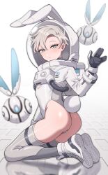 Rule 34 | 1boy, animal ears, animal ears helmet, ass, bulge, chinese commentary, closed mouth, commentary request, crop top, drone, expressionless, fake tail, from behind, full body, gloves, grey background, grey eyes, grey hair, grey leotard, grey thighhighs, habuka yukinami (ming), helmet, highleg, highleg leotard, highres, knee pads, kneeling, leotard, looking at viewer, looking to the side, male focus, male playboy bunny, ming (5unri5e666), nontraditional playboy bunny, on ground, original, oxygen tank, playboy bunny, rabbit ears, rabbit tail, shoes, sneakers, solo, space helmet, spacesuit, tail, thighhighs, trap