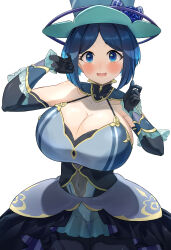 Rule 34 | 1girl, absurdres, aged up, bare shoulders, black gloves, black pantyhose, blue dress, blue eyes, blue hair, blue hat, blush, bodystocking, breasts, cleavage, collarbone, commentary request, covered navel, cowboy shot, creatures (company), dress, elbow gloves, evelyn (pokemon), game freak, gloves, gluteal fold, hands up, hat, highres, hizakake, huge breasts, looking at viewer, nintendo, open mouth, pantyhose, parted bangs, pokemon, pokemon xy, see-through, short hair, showgirl skirt, sidelocks, simple background, sleeveless, sleeveless dress, solo, standing, top hat, white background