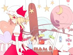 Rule 34 | 1girl, bing zizi, blonde hair, cake, candy, cherry, crescent, flandre scarlet, food, from side, fruit, hat, heart, highres, lollipop, looking at viewer, mob cap, puffy short sleeves, puffy sleeves, red eyes, short sleeves, skirt, skirt set, smile, solo, star (symbol), string, touhou, wings