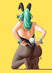 Rule 34 | 1girl, adjusting clothes, adjusting leotard, animal ears, artist logo, ass, automatic giraffe, back, black leotard, commentary, dated, english commentary, fake animal ears, from behind, green hair, highres, kneeling, leotard, long hair, no shoes, pantyhose, playboy bunny, pneuma (xenoblade), ponytail, rabbit ears, rabbit tail, shadow, simple background, soles, solo, tail, tiptoes, wrist cuffs, xenoblade chronicles (series), xenoblade chronicles 2, yellow background