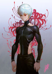 Rule 34 | 10s, 1boy, black nails, black sclera, blood, blood on face, clothing cutout, colored sclera, floral print, flower, heewon lee, heterochromia, highres, kaneki ken, male focus, nail polish, red eyes, side cutout, signature, solo, spider lily, spider lily print, tokyo ghoul, white hair, yellow eyes