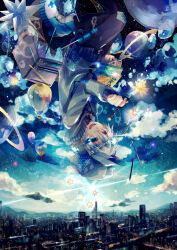 Rule 34 | 1boy, aircraft, blue eyes, blue hair, blue theme, candy, cityscape, cloud, colored pencil, crayon, floating, food, hat, holding, holding pencil, hot air balloon, isa (suisuihoi), konpeitou, male focus, original, pencil, pixiv-tan, planet, saturn (planet), shoes, short hair, sketchbook, sky, solo, star (sky), starry sky, upside-down