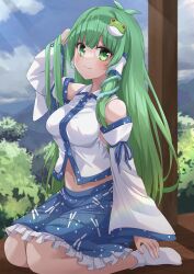 Rule 34 | 1girl, absurdres, bare shoulders, blue skirt, blush, closed mouth, crop top, day, detached sleeves, frilled skirt, frills, frog hair ornament, green eyes, green hair, hair between eyes, hair ornament, hair tubes, highres, japanese clothes, kochiya sanae, long hair, navel, nontraditional miko, ramie (ramie541), sitting, skirt, smile, snake hair ornament, socks, solo, touhou, white sleeves, white socks, wide sleeves