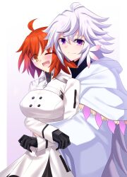 1boy 1girl absurdres black_gloves breasts fate/grand_order fate_(series) fujimaru_ritsuka_(female) fujimaru_ritsuka_(female)_(decisive_battle_chaldea_uniform) gloves hetero highres hug hug_from_behind large_breasts merlin_(fate) one_eye_closed orange_eyes orange_hair pink_eyes rey_r31_44 white_hair