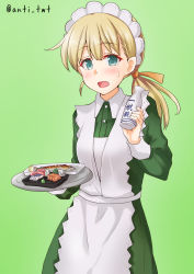 Rule 34 | 1girl, alternate costume, anti (untea9), apron, blonde hair, blunt bangs, bottle, commentary request, dress, enmaided, food, frilled apron, frills, gradient background, green background, green dress, green eyes, hair ornament, hair ribbon, highres, kantai collection, long hair, looking at viewer, low ponytail, maid, maid headdress, open mouth, ribbon, shin&#039;you (kancolle), side ponytail, solo, sushi, tokkuri, twitter username, white apron, yellow ribbon