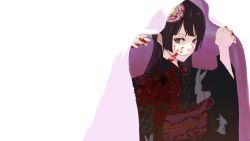 Rule 34 | 1girl, blood, blood on clothes, blood on face, blood on hands, closed mouth, commentary, floral print, flower, green kimono, hair flower, hair ornament, highres, japanese clothes, kimono, long hair, looking at viewer, nicporim, nijisanji, obi, print kimono, purple eyes, purple flower, purple hair, sash, smile, solo, tsukino mito, tsukino mito (12th costume), upper body, virtual youtuber