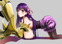 Rule 34 | 1girl, :/, all fours, bare shoulders, black pantyhose, blush, breast press, breast rest, breasts, chabatake ao, claws, corset, expressionless, fate/extra, fate/extra ccc, fate (series), feet out of frame, gauntlets, gigantic breasts, grey background, hair ribbon, halterneck, halterneck, hanging breasts, highres, long hair, looking to the side, pantyhose, passionlip (fate), pink eyes, pink ribbon, puffy shorts, purple hair, purple shorts, ribbon, shorts, simple background, solo