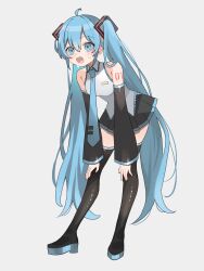Rule 34 | 1girl, :o, ahoge, bare shoulders, black footwear, black skirt, black sleeves, blue eyes, blue hair, blue necktie, blush, boots, collared shirt, detached sleeves, dot nose, frilled shirt, frills, full body, hair between eyes, hair ornament, hands on own legs, hatsune miku, highres, leaning forward, long hair, long sleeves, looking ahead, miniskirt, necktie, nitsuki 09, number tattoo, open mouth, pleated skirt, shirt, sidelocks, simple background, skirt, sleeveless, sleeveless shirt, solo, sweat, tattoo, teeth, thigh boots, thighhighs, tie clip, twintails, upper teeth only, very long hair, vocaloid, white background, white shirt, zettai ryouiki