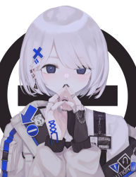 Rule 34 | 1girl, absurdres, arrow (symbol), black gloves, black nails, blue eyes, blush, commentary, ear piercing, earrings, english commentary, fingerless gloves, gloves, hair ornament, hands up, highres, jacket, jewelry, long sleeves, looking at viewer, nail polish, no entry sign, ogami ren, original, piercing, puffy long sleeves, puffy sleeves, road sign, short hair, sign, single glove, solo, steepled fingers, upper body, warning sign, white background, white hair, white jacket, x hair ornament