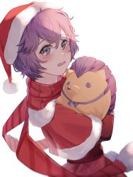 Rule 34 | 1girl, bernadetta von varley, blush, capelet, fire emblem, fire emblem: three houses, from side, fur-trimmed capelet, fur-trimmed headwear, fur trim, grey eyes, hair between eyes, hat, highres, holding, moja (rainpoow), nintendo, open mouth, purple hair, red capelet, red hat, red scarf, red skirt, santa costume, santa hat, scarf, short hair, simple background, skirt, solo, standing, striped clothes, striped scarf, wavy mouth, white background