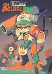 Rule 34 | baseball cap, boots, chum (splatoon), copyright name, frown, gloves, golden egg, green footwear, green gloves, green headwear, grey background, grey eyes, hat, inkling, inkling girl, inkling player character, lifebuoy, nintendo, ocean, orange hair, orange overalls, overalls, pointy ears, rubber boots, rubber gloves, salmon run (splatoon), splat roller (splatoon), splatoon (series), splatoon 2, swim ring, terada tera