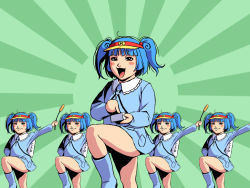 Rule 34 | 5girls, blue eyes, blue hair, boots, cattail, clone, female focus, hair bobbles, hair ornament, hat, holding, kawashiro nitori, key, multiple girls, plant, skirt, touhou, tripleeight, twintails, two side up