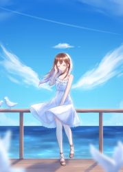 Rule 34 | 1girl, absurdres, arm up, bare arms, bird, blue sky, blurry, blurry foreground, brown hair, commentary request, contrail, day, dove, dress, closed eyes, full body, hair blowing, hand in own hair, highres, hitomi118, horizon, leg lift, long hair, ocean, original, outdoors, partial commentary, railing, sandals, skirt hold, sky, smile, solo, standing, standing on one leg, sundress, white dress, wind, wind lift, wooden floor, wooden railing