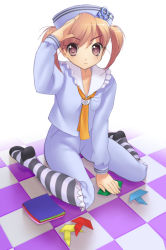 Rule 34 | 1girl, anchor, anchor (symbol), ascot, brown eyes, brown hair, capri pants, checkered floor, dixie cup hat, female focus, floor, hat, kneeling, long sleeves, military hat, origami, original, pants, pantyhose, paper, piyodera mucha, sailor, sailor collar, sailor hat, salute, solo, striped clothes, striped pantyhose, twintails