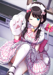 Rule 34 | 1girl, ;), animal ear legwear, animal ears, animal hands, apron, basa rutan, bell, black footwear, black hair, blue eyes, blush, bow, cat ear legwear, cat ears, cat tail, closed mouth, commentary request, counter, fake animal ears, frilled apron, frilled skirt, frills, gloves, hair bow, hair over shoulder, hand up, indoors, jingle bell, kaga nazuna, knee up, long hair, low twintails, lupinus virtual games, maid headdress, mole, mole under eye, one eye closed, paw gloves, pink bow, puffy short sleeves, puffy sleeves, shirt, shoes, short sleeves, sitting, skirt, smile, solo, stove, suspender skirt, suspenders, tail, tail bell, tail bow, tail ornament, thighhighs, twintails, virtual youtuber, vspo!, white apron, white bow, white gloves, white shirt, white thighhighs