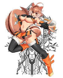 Rule 34 | 1girl, :d, absurdres, animal ears, antenna hair, armpits, bare shoulders, black gloves, black panties, black thighhighs, blazblue, boots, breasts, brown eyes, brown hair, clenched hand, commentary, crop top, dual wielding, fingerless gloves, full body, gloves, hair between eyes, highleg, highleg panties, highres, holding, knee boots, korean commentary, large breasts, looking at viewer, makoto nanaya, mer4, midriff, mixed-language commentary, multicolored hair, navel, open mouth, orange footwear, orange shirt, orange skirt, panties, revealing clothes, shirt, short hair, sidelocks, skirt, smile, solo, squirrel ears, squirrel tail, standing, standing on one leg, tail, teeth, thighhighs, tonfa, two-tone hair, underboob, underwear, upper teeth only, weapon, white background, white hair