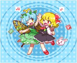 Rule 34 | 2girls, antennae, barefoot, beamed sixteenth notes, black skirt, black vest, blonde hair, blue background, blue hair, boned meat, butterfly wings, commentary request, dress, eighth note, eternity larva, fang, food, full body, green dress, hair ornament, hair ribbon, hands up, holding, holding food, holding hands, insect wings, kumamoto (bbtonhk2), leaf hair ornament, long scarf, looking at another, lowres, mallet, meat, multiple girls, musical note, one eye closed, open mouth, pixel art, power-up, rabbit, red eyes, red footwear, red neckwear, red ribbon, ribbon, rumia, scarf, shirt, short hair, skirt, sleeves past wrists, smile, sparkle background, spoken musical note, standing, standing on one leg, touhou, vest, white legwear, white shirt, wings, yellow eyes