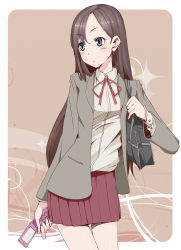 Rule 34 | 1girl, bag, blazer, blue eyes, brown hair, cellphone, character request, couzone, cowboy shot, highres, jacket, long sleeves, looking to the side, open jacket, open clothes, open jacket, phone, pleated skirt, ribbon, school bag, school uniform, shirt, skirt, solo