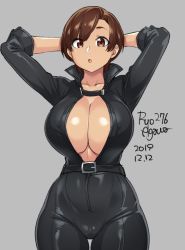Rule 34 | 1girl, agawa ryou, arms behind head, arms up, belt, black bodysuit, bodysuit, breasts, brown eyes, brown hair, bursting breasts, catsuit, center opening, cleavage, commentary, covered erect nipples, dated, english commentary, full-length zipper, grey background, high collar, large breasts, latex, latex bodysuit, looking at viewer, no bra, open mouth, original, partially unzipped, short hair, simple background, solo, zipper