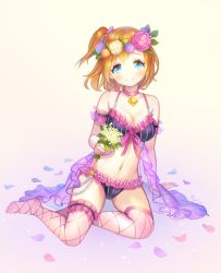 Rule 34 | 10s, 1girl, arm support, babydoll, bare shoulders, beige background, blue eyes, blush, bra, breasts, choker, cleavage, closed eyes, collarbone, fishnet thighhighs, fishnets, flower, full body, gem, hair flower, hair ornament, head wreath, jewelry, kosaka honoka, looking at viewer, love live!, love live! school idol festival, love live! school idol project, navel, no shoes, orange hair, panties, pearl (gemstone), pendant, petals, purin (dillahooni), see-through, short hair, side ponytail, simple background, sitting, smile, solo, striped bra, striped clothes, striped panties, thighhighs, underwear, underwear only, vertical-striped bra, vertical-striped clothes, vertical-striped panties, yellow background, yokozuwari