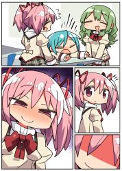 Rule 34 | 3girls, :d, :o, beige shirt, blue hair, blush, bow, bowtie, breasts, closed eyes, closed mouth, comic, commentary request, faceless, faceless female, flying sweatdrops, green hair, hair between eyes, hair ribbon, juliet sleeves, kaname madoka, kanikama, long hair, long sleeves, looking at viewer, mahou shoujo madoka magica, mahou shoujo madoka magica (anime), miki sayaka, mitakihara school uniform, multiple girls, nose blush, open mouth, outstretched arm, pink eyes, pink hair, puffy sleeves, red neckwear, red ribbon, ribbon, school uniform, shaded face, shizuki hitomi, silent comic, small breasts, smile, sweat, twintails, very long hair