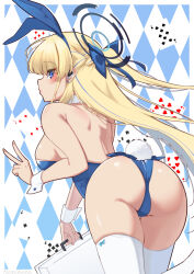 Rule 34 | 1girl, animal ears, argyle, argyle background, argyle clothes, ass, bare back, blonde hair, blue archive, blue eyes, blue leotard, breasts, fake animal ears, fake tail, halo, highres, leotard, long hair, looking at viewer, medium breasts, nanohana (november.), official alternate costume, playboy bunny, rabbit ears, rabbit tail, sideboob, solo, tail, thighhighs, toki (blue archive), toki (bunny) (blue archive), white thighhighs
