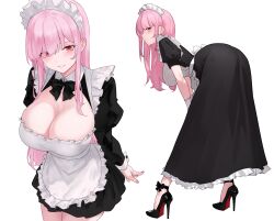 1girl absurdres alternate_costume ankle_bow ankle_ribbon apron bent_over black_bow black_dress black_footwear bluefield blush bow breasts cleavage dress enmaided grin high_heels highres hololive hololive_english large_breasts leg_ribbon long_dress long_hair long_sleeves looking_at_viewer maid maid_headdress mori_calliope multiple_views pink_eyes pink_hair pink_nails ribbon short_sleeves simple_background smile smirk solo_focus thighs virtual_youtuber white_apron white_background white_wrist_cuffs wrist_cuffs