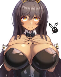 Rule 34 | 1girl, animal ears, bare shoulders, black bow, black bowtie, black leotard, black nails, bow, bowtie, breasts, brown hair, cleavage, closed mouth, collarbone, commentary request, dark-skinned female, dark skin, detached collar, fake animal ears, goddess of victory: nikke, hair between eyes, hands on own chest, highres, large breasts, leotard, long hair, looking at viewer, luupechi, noir (nikke), playboy bunny, rabbit ears, sidelocks, simple background, solo, strapless, strapless leotard, upper body, white background, wrist cuffs, yellow eyes