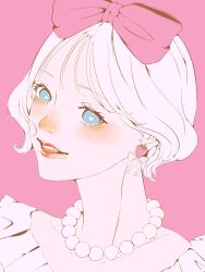 Rule 34 | 1girl, blonde hair, blue eyes, blush, bow, collarbone, commentary, earrings, food-themed earrings, food themed earrings, head tilt, heart, heart-shaped pupils, highres, jewelry, lips, looking at viewer, necklace, nose blush, open mouth, original, pearl necklace, pink background, pink bow, red lips, shim 46, short hair, simple background, smile, solo, strawberry earrings, swept bangs, symbol-shaped pupils, teeth, tongue, upper body, upper teeth only