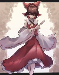 Rule 34 | 33 gaff, ascot, bow, brown hair, hair bow, hair ornament, hakurei reimu, highres, holding, holding weapon, long sleeves, ofuda, red eyes, touhou, weapon