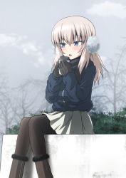 Rule 34 | 1girl, black footwear, black gloves, black pantyhose, black scarf, blue eyes, blue jacket, blush, boots, breath, casual, coffee cup, commentary request, cup, disposable cup, earmuffs, girls und panzer, gloves, grey sky, half-closed eyes, highres, holding, holding cup, itsumi erika, jacket, kamishima kanon, long hair, looking to the side, medium hair, miniskirt, open mouth, pantyhose, partial commentary, pleated skirt, scarf, silver hair, skirt, sky, solo, white skirt, winter, winter clothes