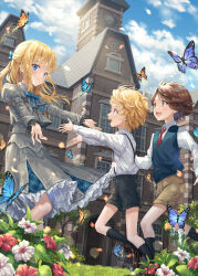 Rule 34 | blonde hair, blue eyes, bow, bowtie, brown hair, bug, butterfly, child, clock, clock tower, cloud, commentary, cover, cover page, dress, fantasy, flower, garden, grass, hair bow, happy, highres, hirokazu (analysis-depth), insect, isekai ni kitakedo seikatsu mahou shika tsukaemasen, kneehighs, light particles, long hair, necktie, novel cover, official art, open mouth, outdoors, outstretched arms, running, short hair, shorts, sidelocks, sky, socks, sunlight, suspender shorts, suspenders, sweater vest, tower, wind