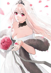 Rule 34 | 1girl, absurdres, bare shoulders, blonde hair, bouquet, breasts, bridal veil, bride, cleavage, closed mouth, collarbone, cross, cross necklace, dress, flower, from above, fur collar, girls&#039; frontline, highres, holding, holding bouquet, holding flower, jewelry, kar98k (girls&#039; frontline), kar98k (purity in vermilion) (girls&#039; frontline), kir (khw66136132), long hair, looking at viewer, medium breasts, necklace, official alternate costume, petals, purple eyes, ring, solo, veil, wedding, wedding band, wedding dress, wedding ring, white background, white dress